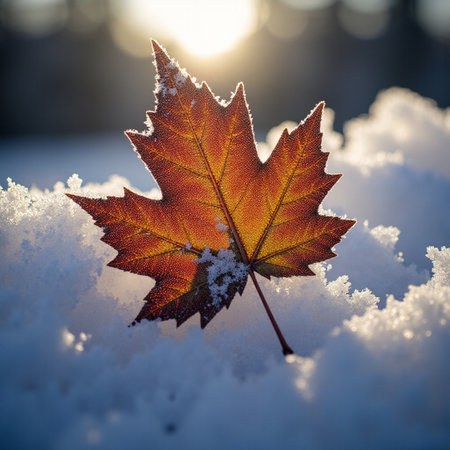 Autumn maple leaf in the snow on a background of the sunの素材