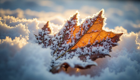 Autumn leaf in the snow. Close-up. Beautiful winter background.の素材