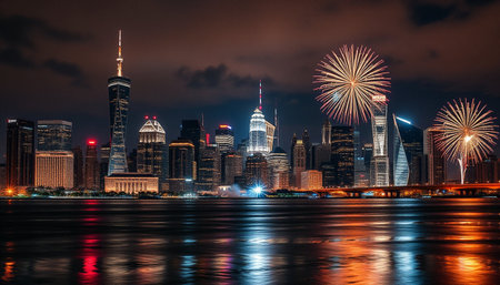 Shanghai skyline at night with firework, China, Asiaの素材