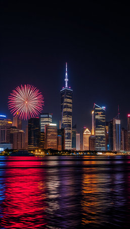 Shanghai skyline at night with fireworks, China. Shanghai is the capital of China.の素材