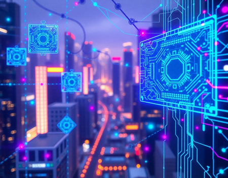 Circuit board and city at night. Technology concept. 3D Renderingの素材