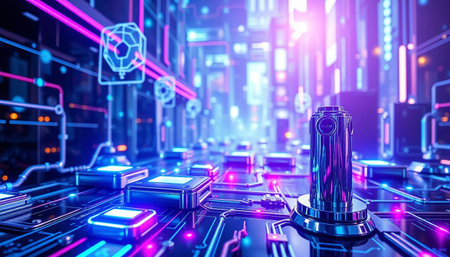 3d rendering. Futuristic cyberpunk city with glowing neon lights.の素材