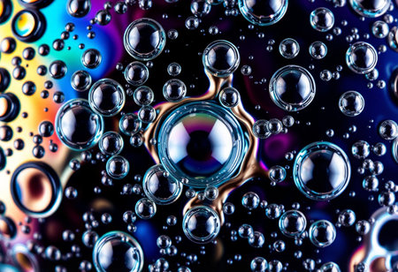 abstract background with oil drops in water, macro photo of bubblesの素材