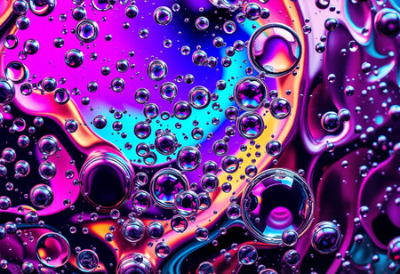 Colorful abstract background with oil drops on water surface. Colorful oil bubbles.の素材