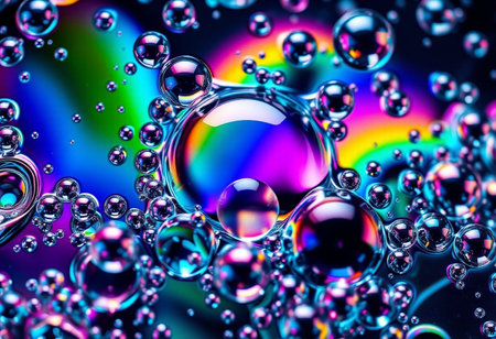Macro shot of colorful soap bubbles in water. Abstract background.の素材