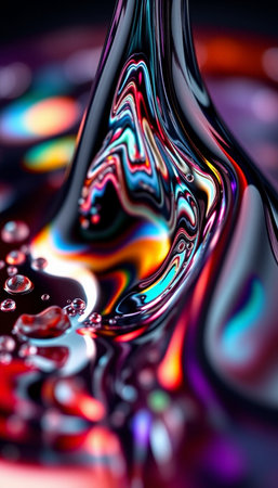 Abstract macro of oil drops on water surface. Colorful background.の素材