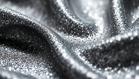 Close up of shiny silver satin fabric texture. Macro shot.の素材