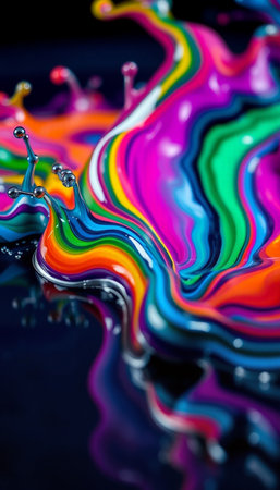 Colorful paint splashes on a black background. Macro shot.の素材