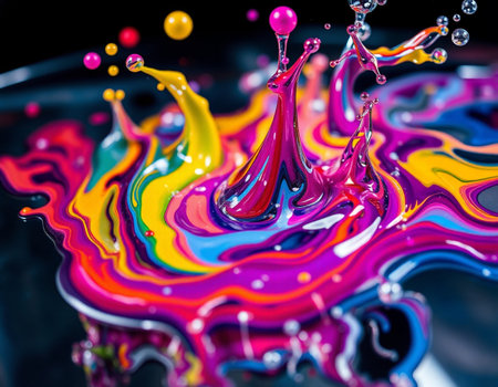 Colorful paint splashes on black background. Abstract colorful background.の素材
