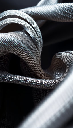 Macro texture of silver fabric on a black background. Shallow depth of field.の素材