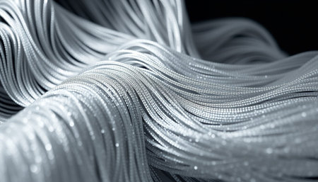 Close-up of a pile of shiny silver metallic wires on a black backgroundの素材