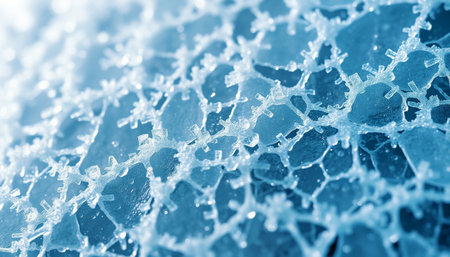 Close up of broken ice on frozen water surface. Blue tonedの素材