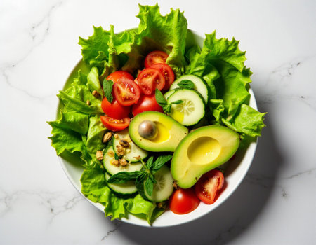 Healthy salad with avocado, tomatoes, cucumber and walnutsの素材