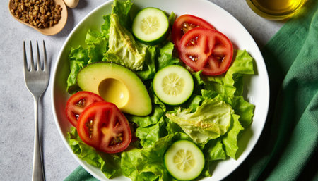 Salad with avocado, cucumber, tomatoes and lettuce on a light backgroundの素材