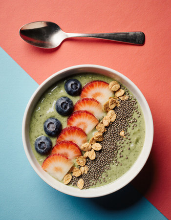 Green smoothie bowl with chia seeds, fresh berries and granola on blue and red backgroundの素材