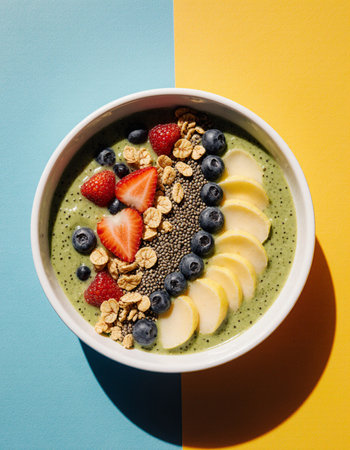 Green smoothie bowl with strawberries, blueberries, kiwi and granola. Healthy breakfast.の素材