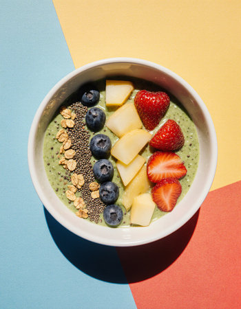 Green smoothie bowl with chia seeds, kiwi, apple, strawberry and blueberry on colorful backgroundの素材