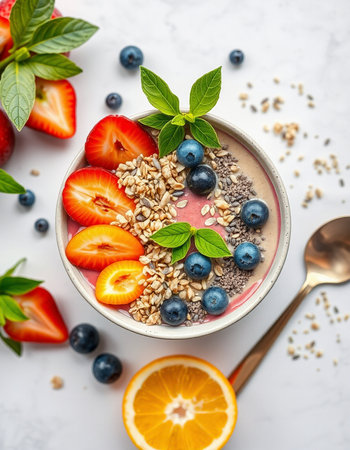 Healthy breakfast bowl with chia seeds, berries and oatmeal on a white marble background.の素材