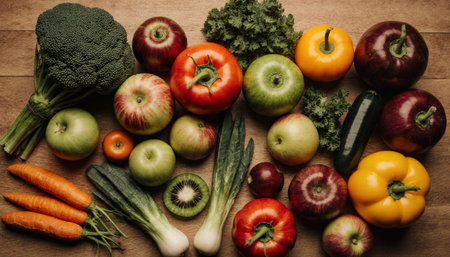 Composition with variety of raw organic vegetables on wooden table, top viewの素材