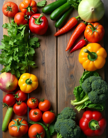 Fresh vegetables on a wooden background. Top view with copy space.の素材