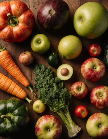 Fresh vegetables on wooden table. Healthy food background. Top view.の素材