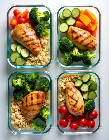 Healthy lunch box with chicken breast, couscous and vegetables.の素材