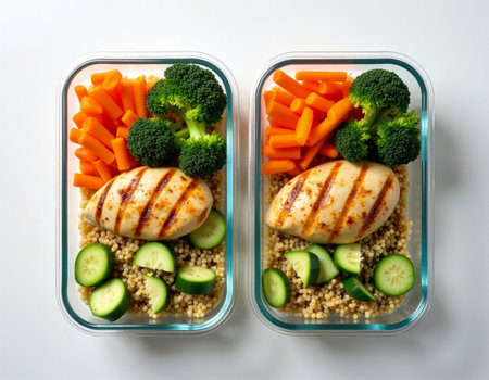 Healthy lunch box with quinoa, chicken and vegetables on white backgroundの素材