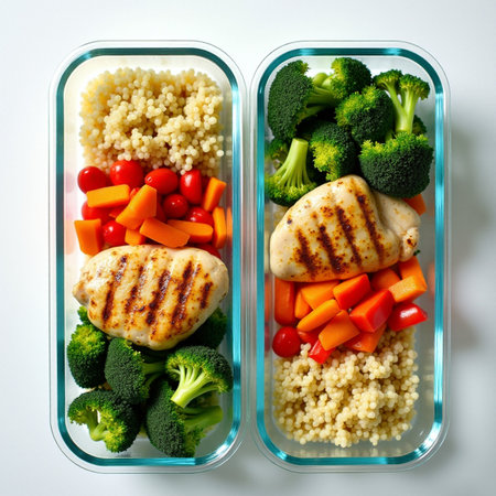 Healthy lunch box with grilled chicken, couscous and vegetablesの素材