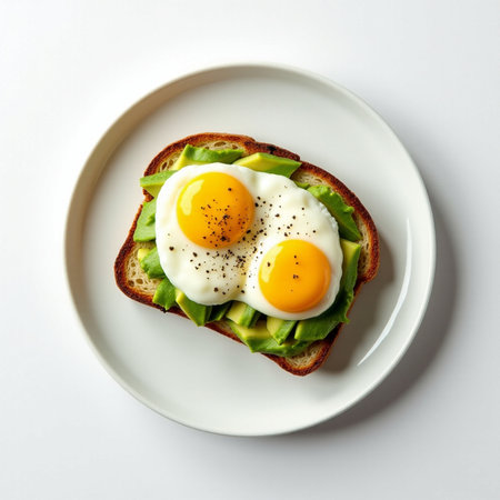 Avocado toast with poached eggs on white plate, top viewの素材