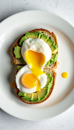 Avocado toast with egg on white plate. Healthy breakfast concept.の素材