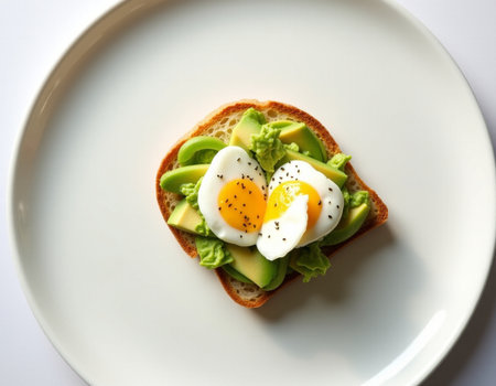 Avocado toast with poached egg on white plate, top viewの素材