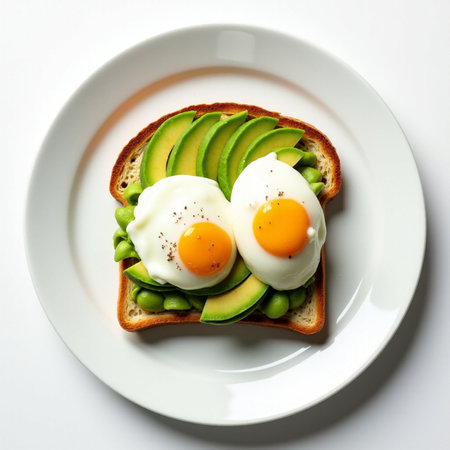 Toast with avocado and fried egg on white plate, top viewの素材