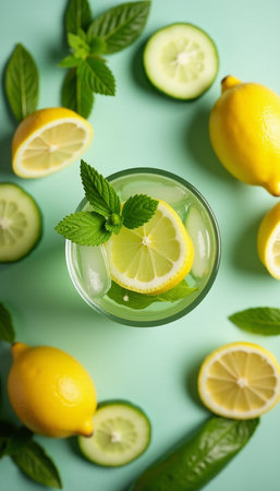 Glass of fresh lemonade with mint on color background, top viewの素材