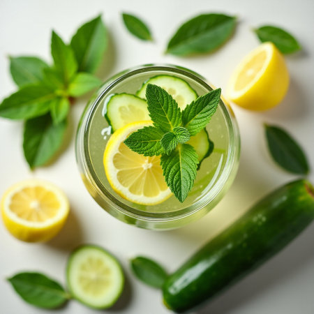 Glass of lemonade with cucumber, mint and lemon on white backgroundの素材