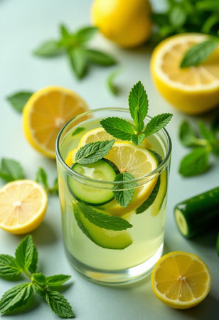 Glass of lemonade with cucumber, mint and lemon on light backgroundの素材