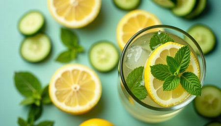 Glass of fresh lemonade with cucumber and mint on color backgroundの素材
