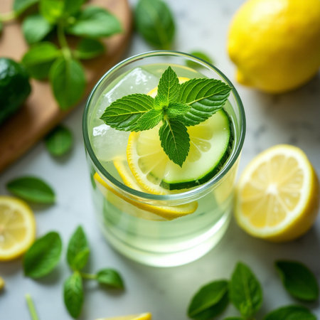 Lemonade with cucumber, lemon and mint on a light backgroundの素材