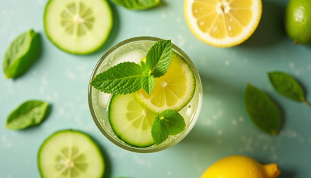 Glass of fresh lemonade with mint on color background, top viewの素材