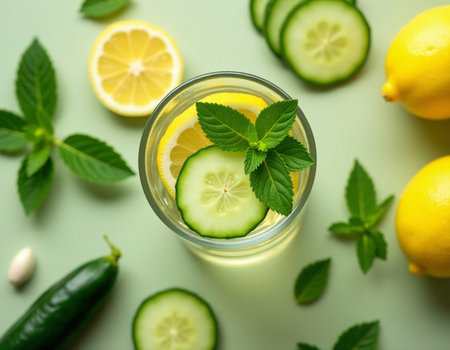 Glass of water with cucumber, lemon and mint on color backgroundの素材