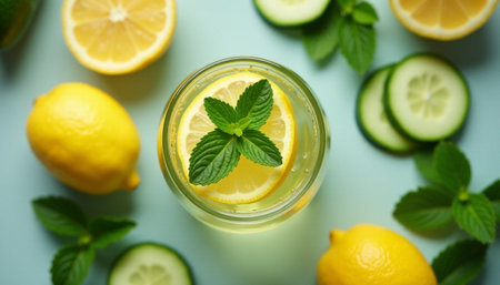 Glass of fresh lemonade with cucumber and mint on color backgroundの素材