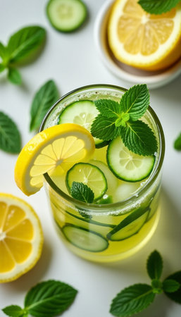 Lemonade with cucumber, lemon and mint on white backgroundの素材