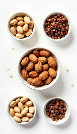 Assortment of nuts in bowls on white background. Top view.の素材