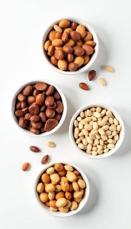 Bowls with different nuts on white background, top view. Healthy foodの素材
