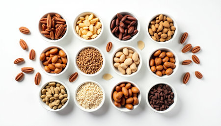 Assortment of nuts in bowls on white background, top view.の素材