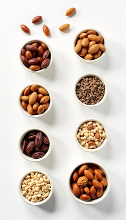 Bowls with different nuts on white background, top view. Healthy foodの素材