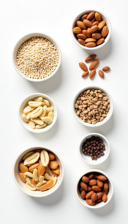 Assortment of nuts in bowls on white background, top view.の素材