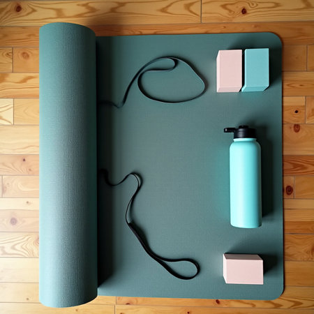Composition with yoga mat, bottle of water and headphones on wooden backgroundの素材