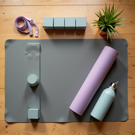 Flat lay of yoga mat and yoga accessories on wooden background.の素材