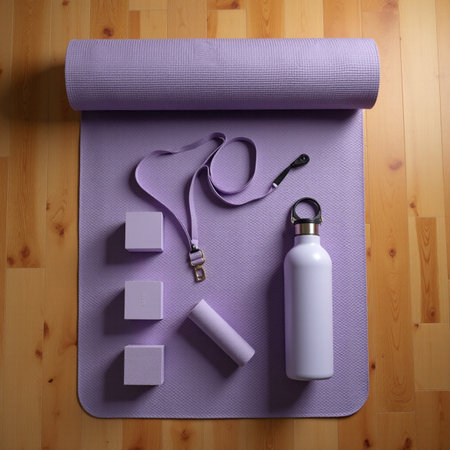Purple yoga mat with headphones and bottle of water on wooden backgroundの素材