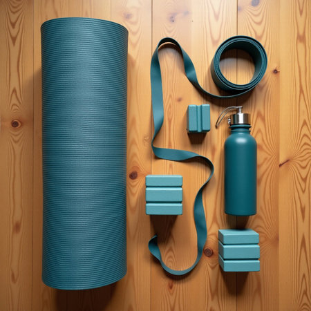 Blue yoga mat and bottles on a wooden background. 3d renderingの素材